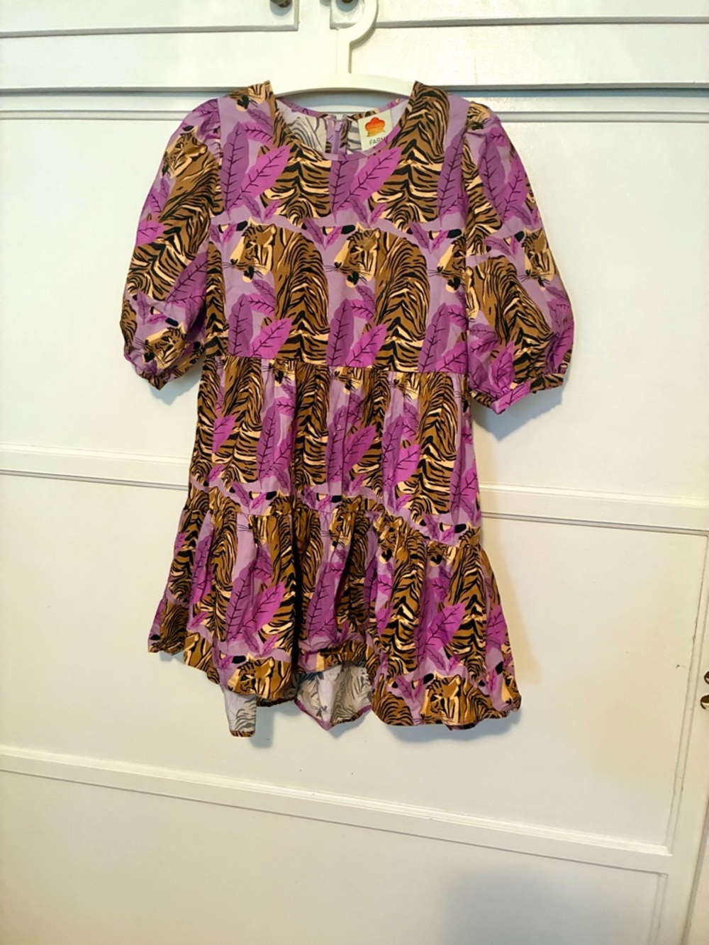 Farm Rio Tiger Print Patterned Tiered Mini Dress Purple Summer Puff Sleeve Cat